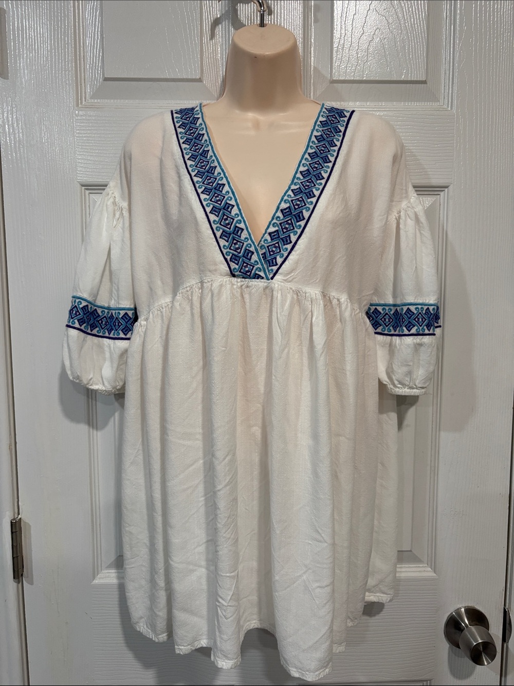 Haute Hippie White Peasant Tunic with Blue Embroidery